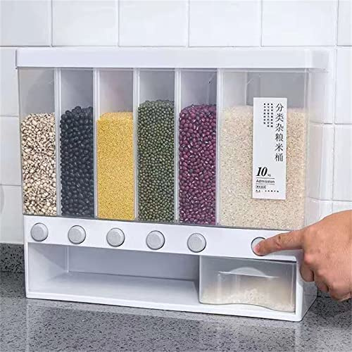 SanBouSi Wandmontage Getreidespender 6 In1 Müslispender Küche Geteilte Trockenfutterbehälter Lagerung Getreidedosen für Körner Nüsse Kaffeebohnen Sojabohnen Dispensierbehälter