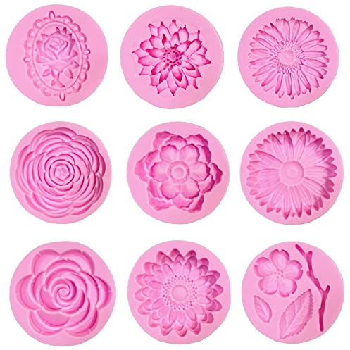DD-life 9 Pcs Flowers Fondant Molds Silicone Molds for Cupcake Dessert Chocolate Jelly Cookie Decor, Jewelry, Pastry, Chocolate,Handmade Soap Mould Candy Making