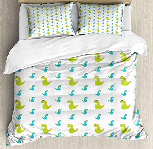 Ambesonne Dino Duvet Cover Sets, Dinosaur Animal Cartoon Themed Print, Bedding Set with 2 Duvet Covers & 4 Pillowcases, 2 Pack Queen Size, Yellow Green Sky Blue