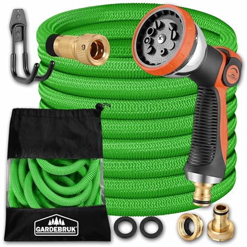 GARDEBRUK® Flexibler Gartenschlauch 15m 3fach Latexkern Vollmessing Adapter 1/2' 3/4' Zoll Wandhalterung Tasche Flexschlauch Wasserschlauch Grün