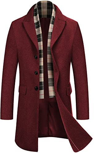 COOFANDY Herren Mantel aus Wollmischung mit abnehmbaren karierten Schals und eingekerbtem Kragen, einreihiger Erbsenmantel, Weinrot, XXL