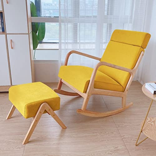 Massivholz-Schaukelstuhl, passender Fußhocker, fauler Rückenlehnenstuhl, Liegestuhl, bequemer Kinderzimmer-Schaukelsessel, moderner Mid-Century-Schaukelstuhl aus Stoff (Farbe : Gelb,