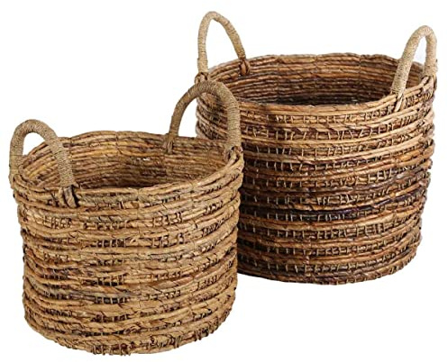 Casa Moro VINA Natur HAR0013 Lot de 2 corbeilles tressées rondes en feuilles de bananier | Panier multi-usages bohème chic corbeille à fruits et légumes naturel avec anse | HAR0013