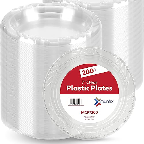 Munfix 200 Clear Plastic Plates Set - 7 Inch Disposable Dessert/Salad Plates, Bulk Pack for Party BBQ, Picnic, Parties, Travel and Events, Microwavable Recyclable