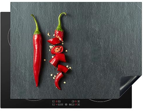 KitchenYeah© Herdabdeckplatte Einteilig Induktionsmatte Küche Abdeckung Ceranfeld Herd Abdeckplatte Deko Vinyl Matte Aufrollbar Pfeffer - Rot - Gewürz - Grau - Grün - 70x52 cm