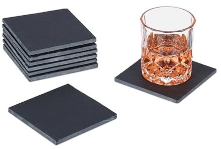 Relaxdays Set de 8 Posavasos de Pizarra, 10 x 10 cm, Apoyabebidas Cuadrados, Pizarritas para Colocar Bebidas, Antracita
