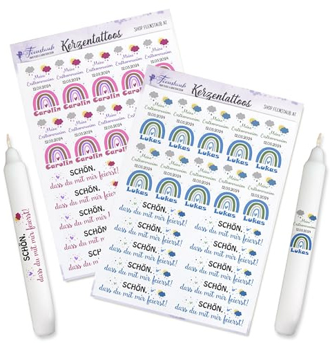 Kerzen Tattoos Kommunion Regenbogen personalisiert, Kerzenfolie Konfirmation, personalisierte Gastgeschenk selber machen, Aufkleber für Kerzen, DIY Regenbogen Kerze, Kommunion Give-Aways, Feenstaub