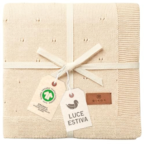 DIKOS Babydecke Sommer 75×100 cm aus feiner Bio-Baumwolle (GOTS & Oeko-TEX® 100) – atmungsaktive Strickdecke, leichte Baby Decke für Neugeborene Jungen & Mädchen, Geschenk zur Geburt (Naturbeige)
