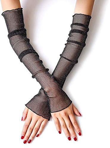MISUVRSE Damen und Mädchen, ultradünne, durchsichtige Glitzer-Netz-Handschuhe, lange Spitzenhandschuhe, metallisch, Soli-Armstulpen, gestreift