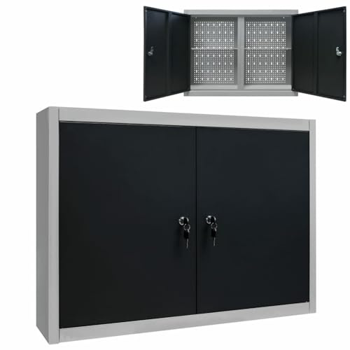 ARKEM Industrial Style Metal Grey and Black Tool Cabinet, Wall Mount Hanging Tool Box, Garage Storage Cupboard, 80 x 19 x 60 cm