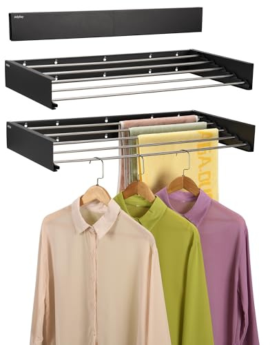 JolyBay Wall Mounted Laundry Drying Rack, Retractable Clothes Drying Rack for Bathroom with Wall Template, 5 Stainless Rods Heaving 60 lb Capacity (Black, 31.5)