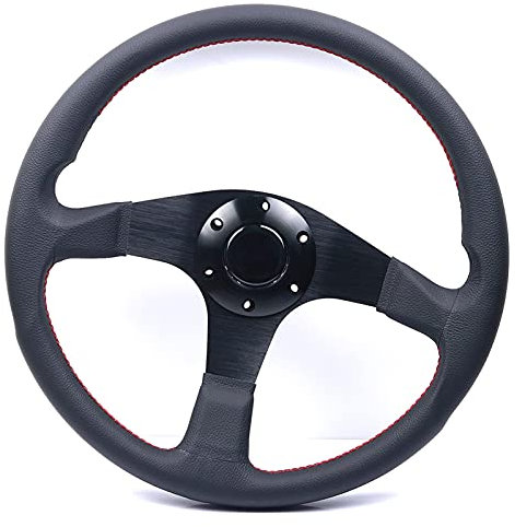 Sportlenkrad,Drifting Steering Wheel,Lenkrad 14 Zoll / 350mm Schwarz Echtes Leder Drift Sport Lenkscheiben mit roten Nähten