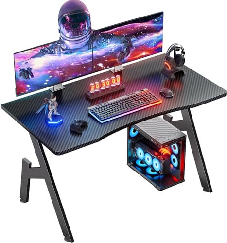 HLONONE Gaming Schreibtisch 80 x 50 cm, Gaming Tisch, Stabiler PC Tisch mit Kohlefaseroberfläche, Ergonomischer Gamer Tisch für Gaming und Büro, Schwarz