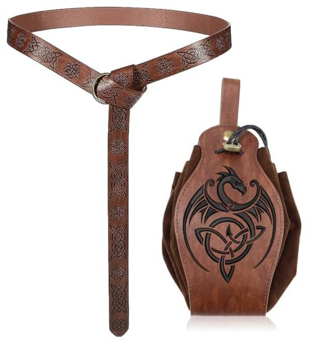 XIAQICA Cintura Medievale Vichingo in Ecopelle per Costumi Vichinghi o Larp - Cintura da Cavaliere Rinascimentale Retrò (Marrone)