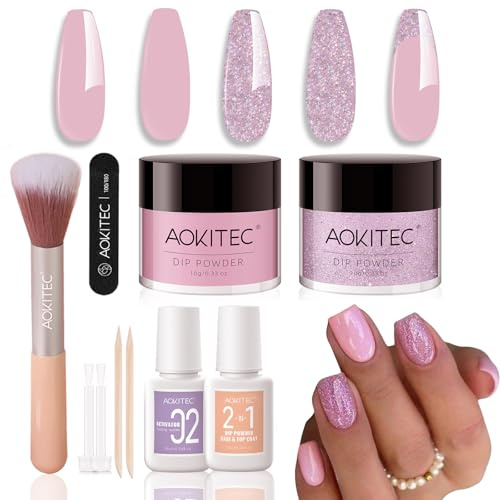 Aokitec Lot de poudres de trempage pour ongles - Rose et paillettes - Avec base liquide - Accessoire pour nail art - Facile à emporter - Cadeau pour femmes et filles
