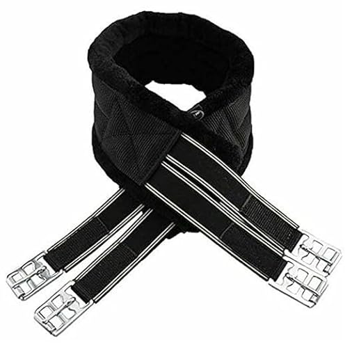 Horse Fleece Lined Padded Girth Synthetic Saddle Jumping Girth Equine Elasticated Ends Soft Faux Fur/Mink/Fleece lined (BLACK, 50'')