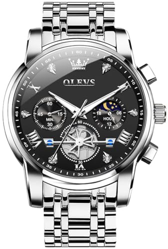 OLEVS Orologio da Uomo Argento Acciaio Inox Multifunzione Tourbillon Orologi Uomo Business Cronografo con Quadrante Nero Orologio Quarzo Uomo Elegante Impermeabile Analogico Grandi Orologio Uomo