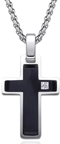 Dada Gioielli - Herren Halskette mit Kreuz - Silber oder satiniertes Schwarz - Kreuz mit schwarzem, brillantem Zirkonia-Stein - Edelstahlkette in diamantierter Silberoptik, 45+5 cm
