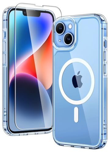 TAURI Coque Magnétique pour iPhone 13/iPhone 14 avec Protection écran, [Compatible avec MagSafe] Protection Anti-Choc Mince et Anti-Chute - Transparent