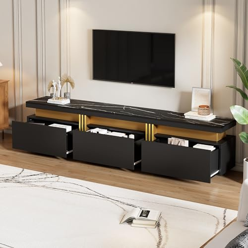 BTM Moderner Lowboard TV-Schrank mit Marmor-Optik, TV-Board, TV-Kommode, 200 x 40 x 42 cm – Für Fernseher bis 90 Zoll, DREI Schubladen und 1 Kabelmanagement