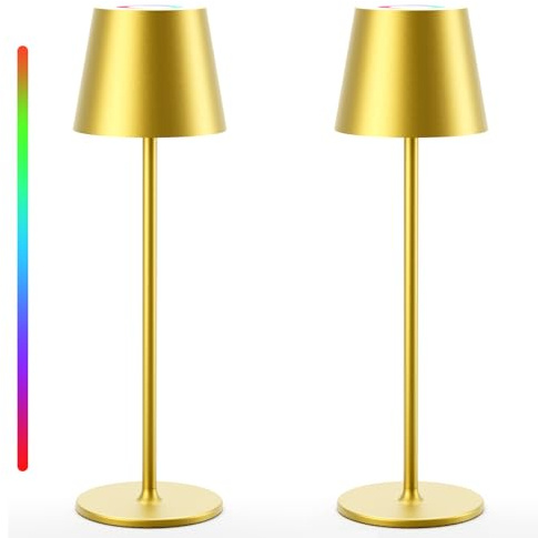 Keepoo Tischlampe Kabellos Dimmbare LED Akku Tischleuchte, Wiederaufladbar Warme Lichtfarbe 3000K+RGB Aluminium Outdoor Tischlampe wasserdicht für Restaurant,Schlafzimmer,Bar,IP54 (Gold 2 Stück)