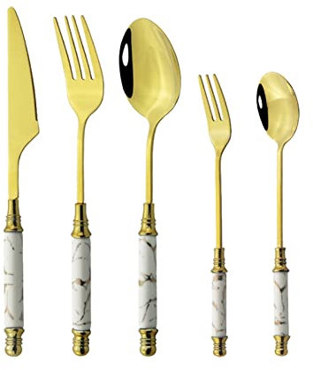 GUHPZA Hodages Party Black Gold Set da Tavola con Manico in Ceramica, Forchetta, Cucchiaio, Coltello, Set di Posate in Acciaio Inossidabile, Stoviglie Lavabili in Lavastoviglie
