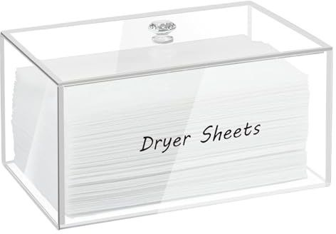 Dryer Sheet Holder, 7x5x4 Acrylic Container Storage Box for Laundry Room Organization with Portable Lid for Organization, Holds Sheets, Balls, Clothes Pins, Laundry Pods