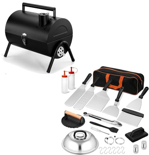 Leonyo Flat Top Grill Accessories, Portable Charcoal Grill, 25Pcs Griddle Accessories Kit， Small Tabletop BBQ Grill with Griddle & Grate for Grilling & Frying