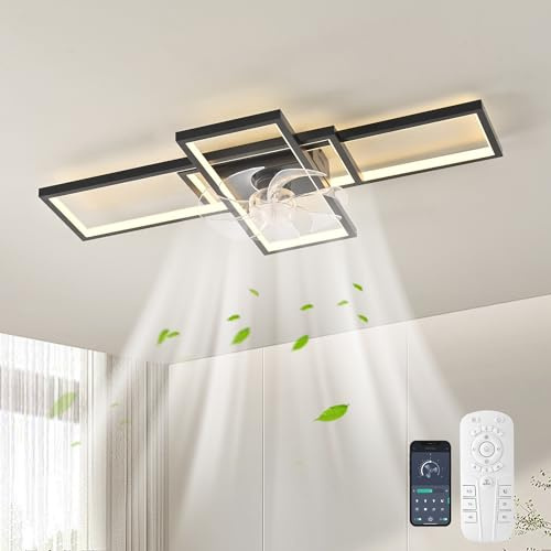 JIINOO Ventilateur Plafond avec Lumiere et Télécommande,Ventilateurs de Plafond LED Modernes à Intensité Variable,Moteur Réversible Silencieux à Vitesse du Vent Réglable pour Salon,60W,90 cm Noir