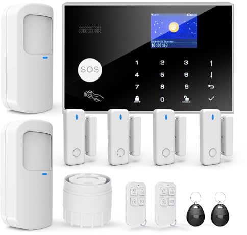 Sistemi di Allarme Domestici, Sistema di Sicurezza Domestico Wireless WIFI/GSM SMS con Rilevatore di Movimento, Sirena di Allarme da 120 dB, Telecomando Intelligente, Invito Vocale(12 Pezzi)