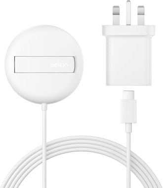 Belkin Magnetic Wireless Charging Pad 15W with Pop-Up Stand - MagSafe-Compatible Certified Qi2 Wireless Charger for iPhone 17, Air, 16, 15, Pixelsnap, Samsung Galaxy, AirPods with PSU Included - White