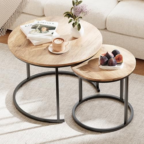 Garden 4 you Nesting Coffee Table, 23.6 Round Coffee Table Set of 2, Wooden Nesting Table Set for with Metal Frame, Side Tables for Living Room Bedroom Balcony, Brown