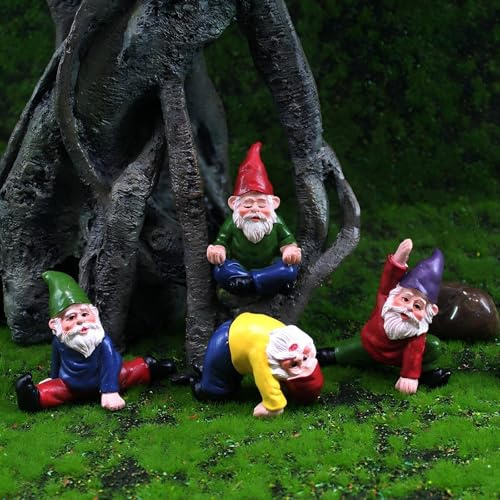 Miniatur-Gartenzwerg Figuren, Yoga-Posen, handbemalt, 4 Stück, 5,6 cm kleine Zwerge für Frauen oder Yoga-Liebhaber, lustige Büro-Schreibtisch-Dekoration