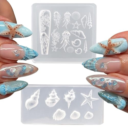 2 Pack Ocean Theme Silicone Nail Art Molds, Starfish Seashell Jellyfish Design, 3D Gel Manicure Templates for Summer Nail Charms