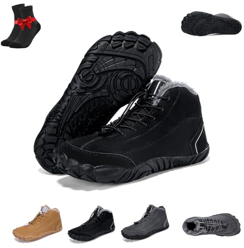 Alpaca Barefoot Leather Hiking Shoes for Winter,Non-Slip & Waterproof Hiking Footwear,Outdoor Warm Fur Lined Boots(Black,10 UK)