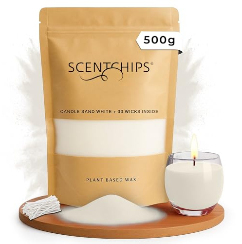 Scentchips Kerzensand – Farbiger Wachsgranulat zum Selbermachen von Kerzen mit 30 losen Dochten, Dekosand für Glasgefäße & Teelichter, Duftfrei, Ideal für DIY, Party & Wohnkultur (White, 500g)