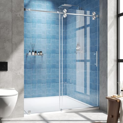 Frameless Sliding Shower Door 44–48 in W x 76 in H, 5/16 (8mm) Clear Tempered Glass Shower Doors Glass Sliding 48 Inches, Double Nano Coating, Stainless Steel Hardware, Silent Smooth Rollers, Chrome
