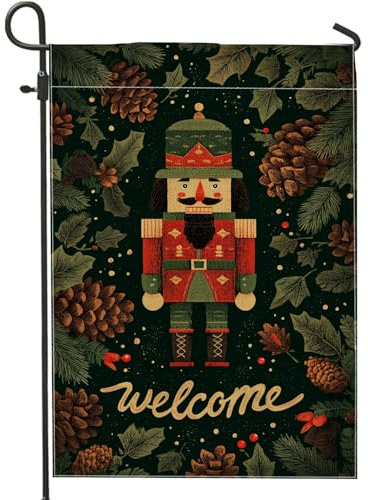 Bandera de jardín con cascanueces, piñas, acebo, Navidad, arpillera verde, banderas decorativas de doble cara para exteriores, patio, césped, porche, balcón, 12 x 18 pulgadas