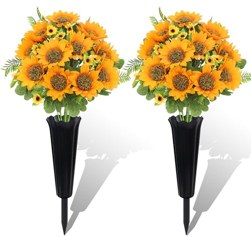 QSBOFOST 2 Sets Artificial Sunflower Memorial Flowers for Cemetery Decor – Sunflower Bouquets with Heavy- Vases & Ground Spikes – Fade-Proof, Windproof Grave Decorations for Headstones (Yellow)