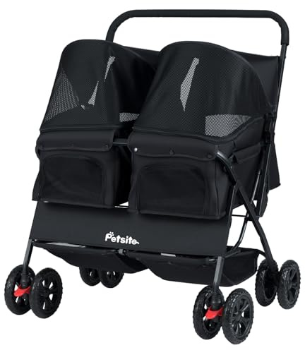 GYMAX Hundebuggy 2-sitzer, faltbarer Hundewagen für 2 Hunde/Katzen, Katzenwagen mit Stauraum, verstellbarem Sonnendach, 360°Drehrädern & Sicherheitsgurt, Hundebox Transporttasche bis 24kg (Schwarz)