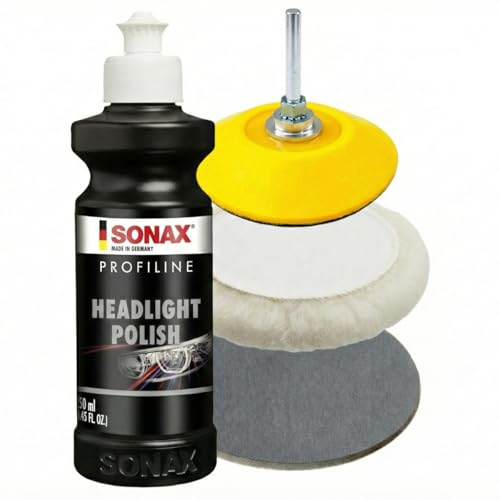 Scheinwerfer-Politur-Set bestehend aus einer SONAX 250ml Headlight Polish + 75mm Polierteller + 75mm Lammfell-Pad + Schleifscheibe P2000