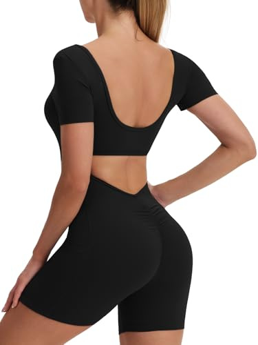 ECUPPER Women's Backless Gym Jumpsuit all in one Yoga Unitards Short Romper Suits Workout Bodysuit Scrunch Bum Playsuits Black M