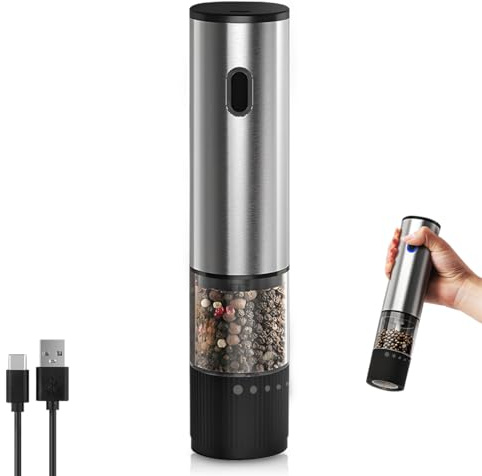 LULUWA Molinillo de pimienta eléctrico, molinillo de sal y pimienta recargable con 5 niveles de granulosidad ajustables, acero inoxidable, funcionamiento automático con una mano, para cocina, barbacoa