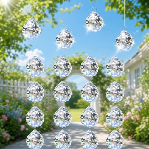 SINAYREK 20 Atrapasoles de Cristal 20 mm Prismas de Cristal para Colgar, Vidrio Transparente Captador de Luz Arcoíris DIY Kit Creativo con Hilo y Anillos, Decoración Ventana Jardín Boda Navidad Hogar