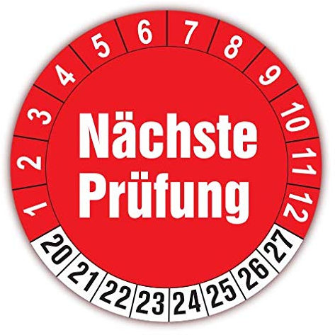 100 Stück Prüfplaketten für 8 Jahre und 12 Monate, gültig 2020 - 2027 ( Auf-P6 ) Durchmesser 30mm, Farbe rot-weiss, Aufkleber, Prüfaufkleber, Prüfetiketten, Folienaufkleber mit UV-Schutzlackierung, Prüfung