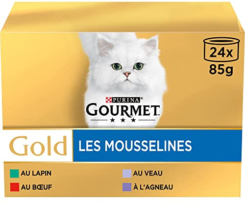 GOURMET | GOLD | Chat | Les Mousselines | Aliment Complet pour Chat Adulte | Lapin, Bœuf, Veau, Agneau | Boite |Lot de 4 (24x 85 g)
