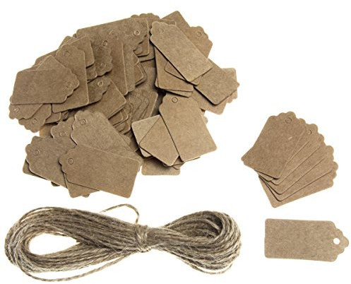 100 dekorative Etiketten, Geschenkanhänger, Tags, Hängeetiketten, Labels und 2 Meter Schnur im Vintage - Design; Anhänger-Größe: ca. 4 cm x 2 cm; Material: Kraftpapier, Pappe; Farbe: braun