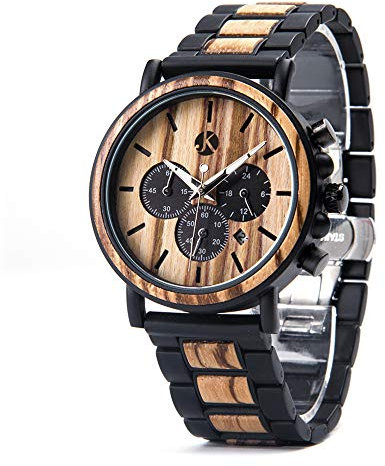Kim Johanson Herren Holz-Edelstahl Armbanduhr *Military* in Hellbraun Chronograph mit Stoppuhr & einem Gliederarmband Handgefertigt Quarz Analog Uhr inkl. Geschenkbox