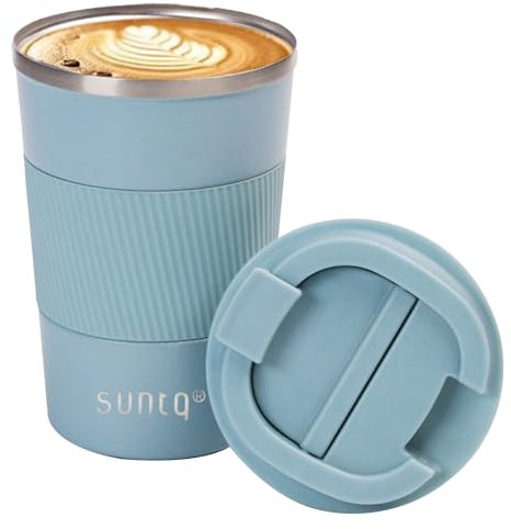 SUNTQ Kaffeebecher to go Thermo aus Edelstahl 380ml Thermobecher mit Gummierte Manschette Doppelwand Isoliert - Kaffeetasse mit Auslaufsicherem Deckel Wiederverwendbar Himmel Blau