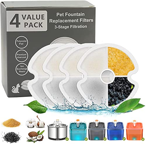 Ewilibe Trinkbrunnen Filter Trinkbrunnen für Katze Ersatzfilter für Katzen und Hunde Aktivkohlefilter für 2.5L Edelstahl Katzenbrunnen und 2L Wasserbrunnen (4 Stück)